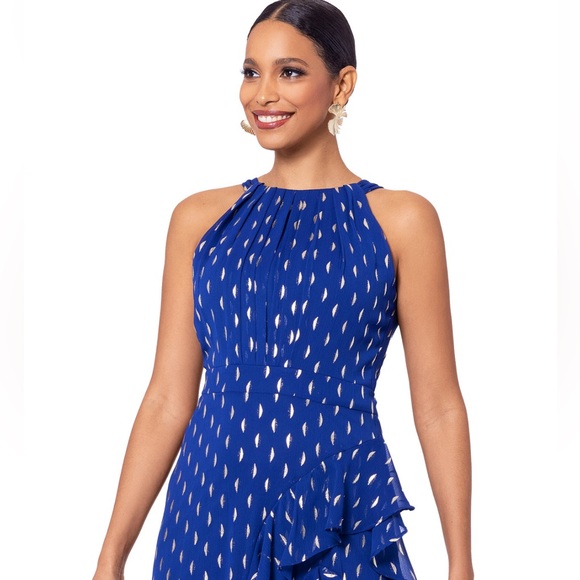 Betsy & Adam Metallic Chiffon Front Ruffle Slit Halter Neck Sleeveless Gown - Picture 10 of 16